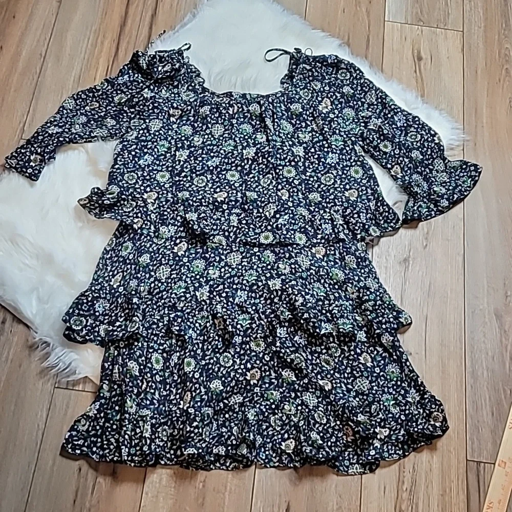 Tory Burch 100% Silk Printed Ruffle Dress Green Floral Size 2 Boho